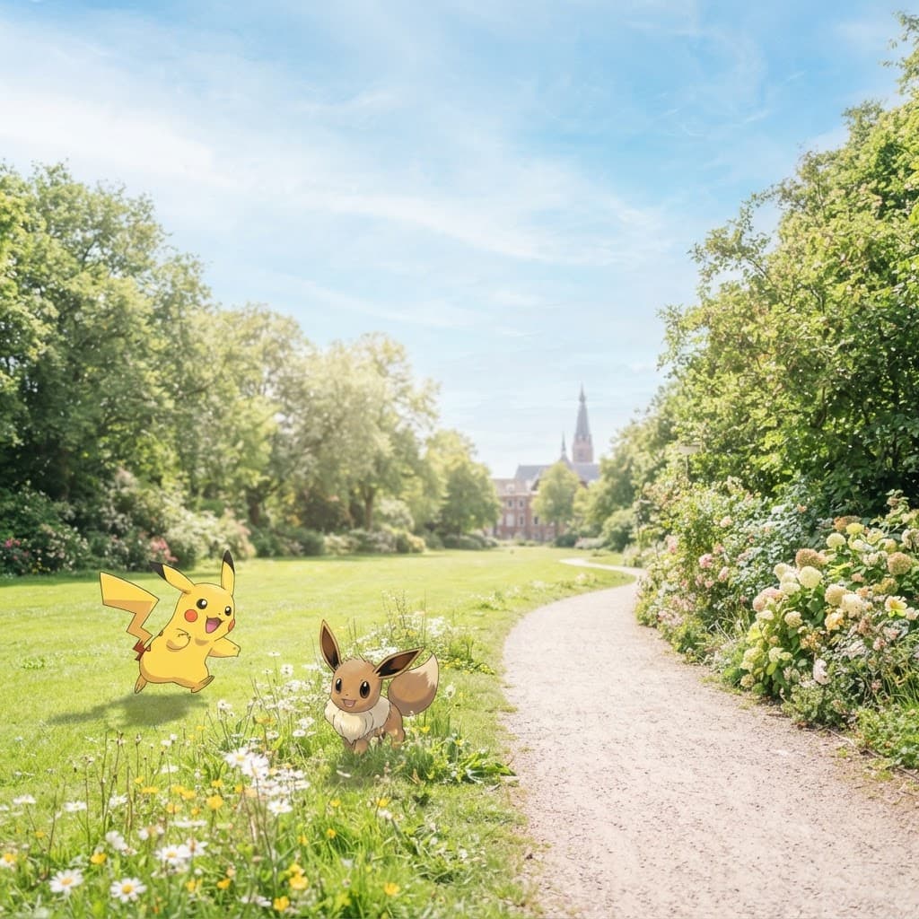 Zonnig park in Eindhoven met speelse Pokémon
